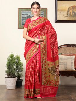 Akhilam - Women's Dola Silk Red Floral Designer Saree with Unstitched Blouse