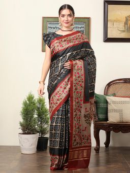 Akhilam - Women's Dola Silk Black Floral Designer Saree with Unstitched Blouse
