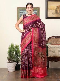 Akhilam - Women's Dola Silk Purple Floral Designer Saree with Unstitched Blouse