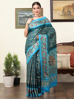 Akhilam - Women's Dola Silk Teal Blue Floral Designer Saree with Unstitched Blouse