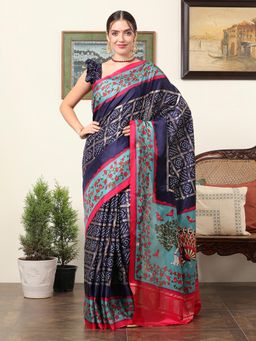 Akhilam - Women's Dola Silk Navy Blue Floral Designer Saree with Unstitched Blouse