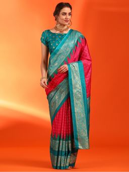 Sareemall - Women's Dola Silk Pink Checks Designer Saree with Unstitched Blouse