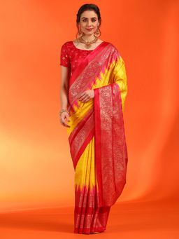 Sareemall - Women's Dola Silk Yellow Checks Designer Saree with Unstitched Blouse