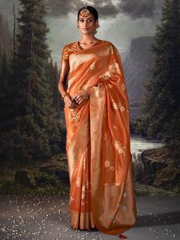 Akhilam - Women's Tissue Orange Woven Designer Saree with Unstitched Blouse