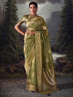 Akhilam - Women's Tissue Olive Woven Designer Saree with Unstitched Blouse