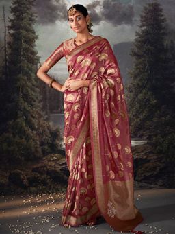 Akhilam - Women's Tissue Pink Woven Designer Saree with Unstitched Blouse
