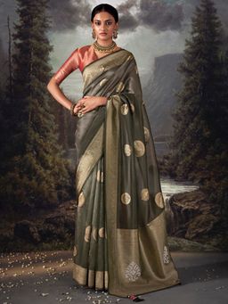 Akhilam - Women's Tissue Grey Woven Designer Saree with Unstitched Blouse