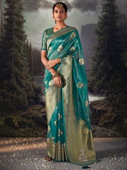Akhilam - Women's Tissue Blue Woven Designer Saree with Unstitched Blouse