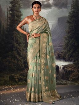 Akhilam - Women's Tissue Sea Green Woven Designer Saree with Unstitched Blouse