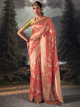Akhilam - Women's Tissue Peach Woven Designer Saree with Unstitched Blouse