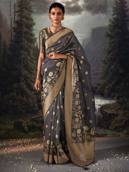 Akhilam - Women's Tissue Grey Woven Designer Saree with Unstitched Blouse