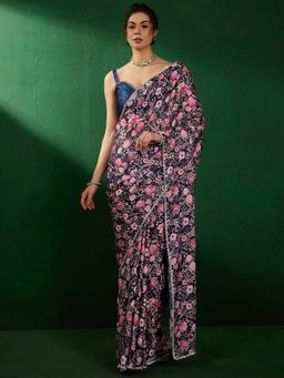 Akhilam - Women's Satin Silk Navy Blue Embellished Designer Saree with Unstitched Blouse