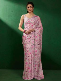 Akhilam - Women's Satin Silk White Embellished Designer Saree with Unstitched Blouse