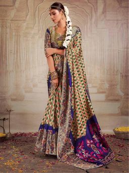 Akhilam - Women's Tussar Silk Light Green Printed Designer Saree with Unstitched Blouse