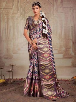 Akhilam - Women's Tussar Silk Navy Blue Floral Designer Saree with Unstitched Blouse