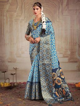 Akhilam - Women's Tussar Silk Blue Floral Designer Saree with Unstitched Blouse