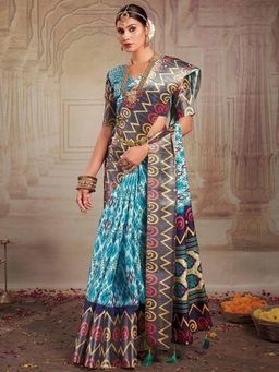 Akhilam - Women's Tussar Silk Blue Printed Designer Saree with Unstitched Blouse