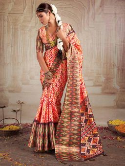 Akhilam - Women's Tussar Silk Orange Printed Designer Saree with Unstitched Blouse