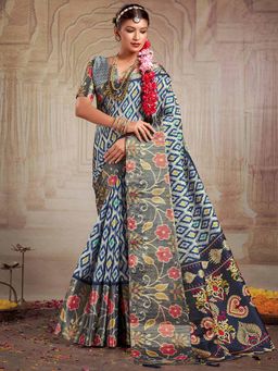 Akhilam - Women's Tussar Silk Grey Floral Designer Saree with Unstitched Blouse
