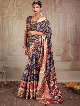 Akhilam - Women's Tussar Silk Navy Blue Printed Designer Saree with Unstitched Blouse
