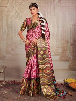 Akhilam - Women's Tussar Silk Pink Printed Designer Saree with Unstitched Blouse