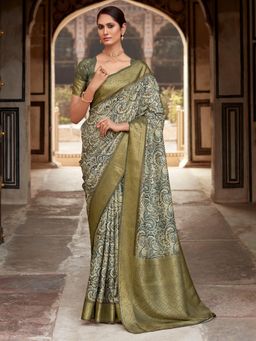 Akhilam - Women's Silk Blend Sea Green Woven Designer Saree with Unstitched Blouse