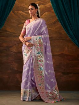 Akhilam - Women's Tussar Silk Lavender Woven Designer Saree with Unstitched Blouse