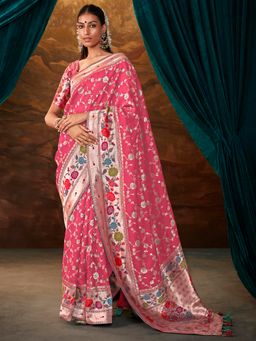 Akhilam - Women's Tussar Silk Pink Woven Designer Saree with Unstitched Blouse
