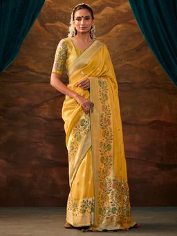 Akhilam - Women's Tussar Silk Yellow Woven Designer Saree with Unstitched Blouse
