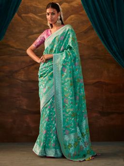 Akhilam - Women's Tussar Silk Turquoise Woven Designer Saree with Unstitched Blouse