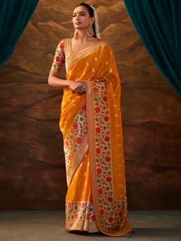 Akhilam - Women's Tussar Silk Orange Woven Designer Saree with Unstitched Blouse