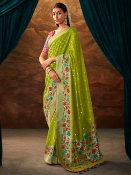 Akhilam - Women's Tussar Silk Green Woven Designer Saree with Unstitched Blouse