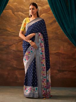 Akhilam - Women's Tussar Silk Navy Blue Woven Designer Saree with Unstitched Blouse