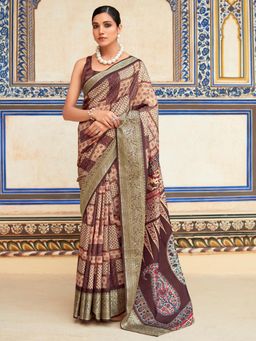 Akhilam - Women's Dola Silk Brown Printed Designer Saree with Unstitched Blouse