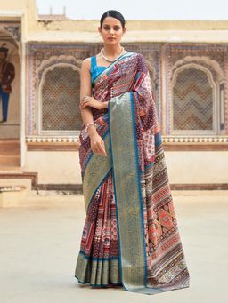 Akhilam - Women's Dola Silk Burgundy Printed Designer Saree with Unstitched Blouse