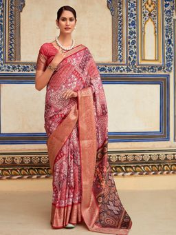 Akhilam - Women's Dola Silk Red Floral Designer Saree with Unstitched Blouse