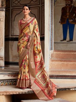 Akhilam - Women's Dola Silk Yellow Floral Designer Saree with Unstitched Blouse