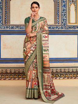 Akhilam - Women's Dola Silk Beige Floral Designer Saree with Unstitched Blouse