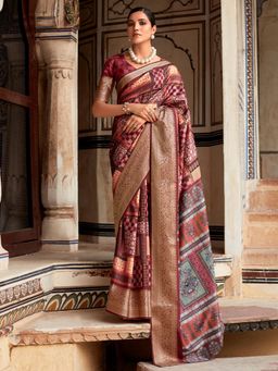 Akhilam - Women's Dola Silk Maroon Printed Designer Saree with Unstitched Blouse