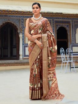 Akhilam - Women's Dola Silk Brown Printed Designer Saree with Unstitched Blouse