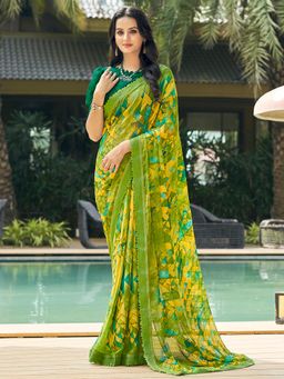 Akhilam - Women's Chiffon Green Printed Designer Saree with Unstitched Blouse