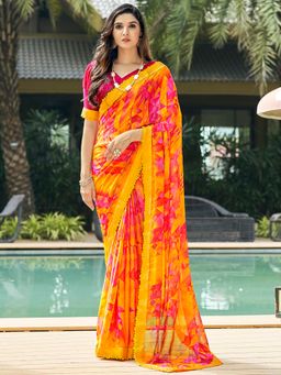 Akhilam - Women's Chiffon Yellow Printed Designer Saree with Unstitched Blouse