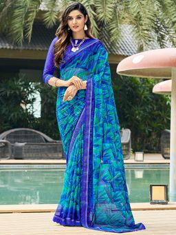 Akhilam - Women's Chiffon Blue Printed Designer Saree with Unstitched Blouse