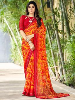 Akhilam - Women's Chiffon Yellow Printed Designer Saree with Unstitched Blouse