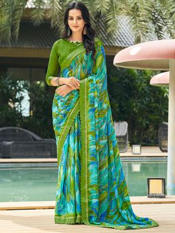 Akhilam - Women's Chiffon Blue Printed Designer Saree with Unstitched Blouse