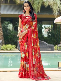 Akhilam - Women's Chiffon Red Printed Designer Saree with Unstitched Blouse