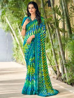 Akhilam - Women's Chiffon Teal Blue Printed Designer Saree with Unstitched Blouse