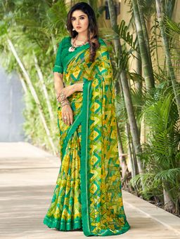 Akhilam - Women's Chiffon Yellow Printed Designer Saree with Unstitched Blouse
