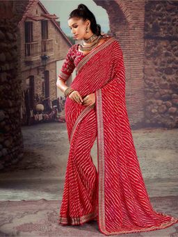 Akhilam - Women's Georgette Red Embellished Designer Saree with Unstitched Blouse