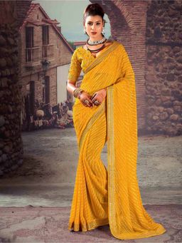 Akhilam - Women's Georgette Yellow Embellished Designer Saree with Unstitched Blouse